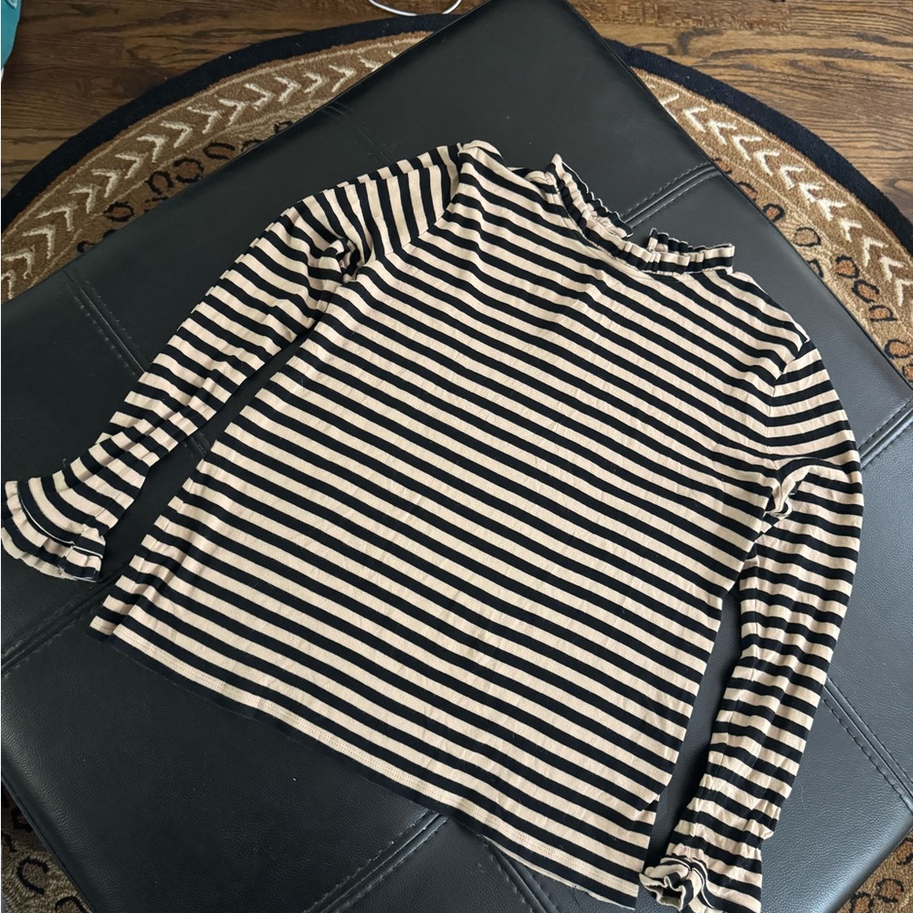 Ann Taylor Black and Tan Ruffled neck Striped Long Sleeve Top